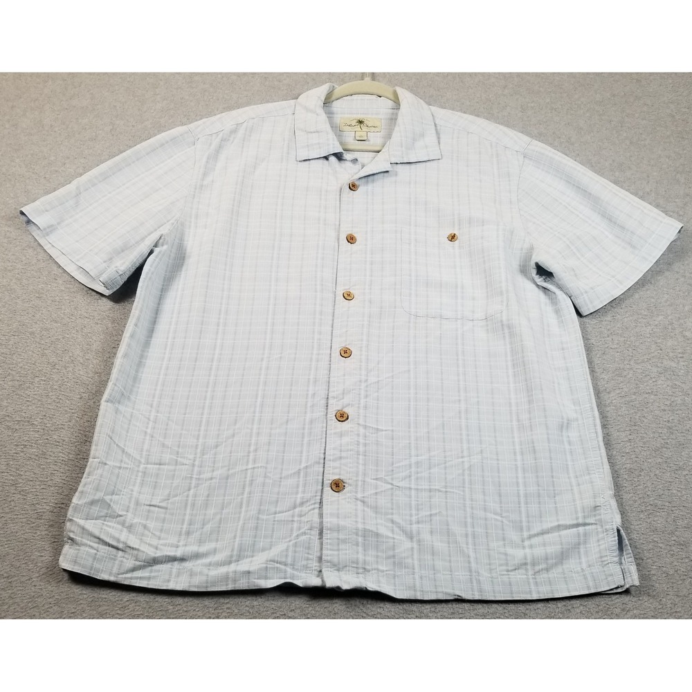 Island Shores Button Up Shirt Mens L Large Blue Plaid Short Sleeve Texture Camp
